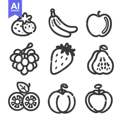 Aset desain premium: Nine Simple Line Drawings of Various Fruits