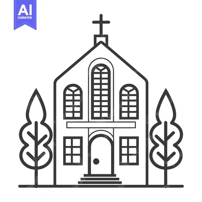 Simple Line Drawing of a Church with Trees