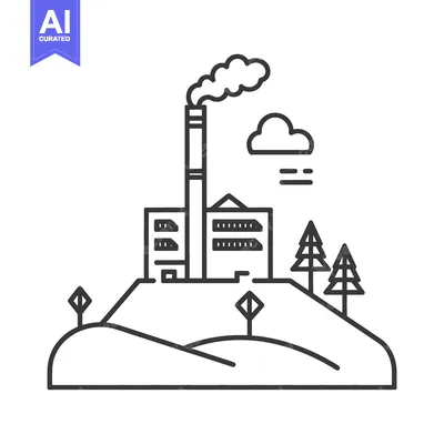 Aset desain premium: Industrial Factory on Hillside Amidst Trees and Smoke