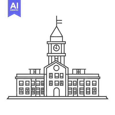 Premium design asset: Line drawing of a large building with a clock tower