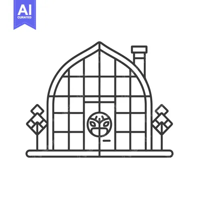 Premium design asset: A simple line drawing of a greenhouse with trees on each side