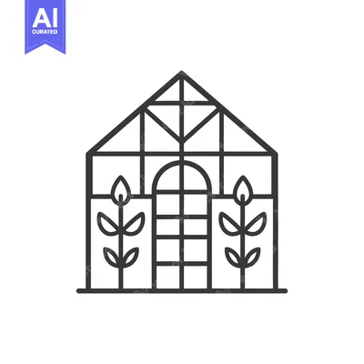Aset desain premium: Simple line drawing of a greenhouse with plants and windows