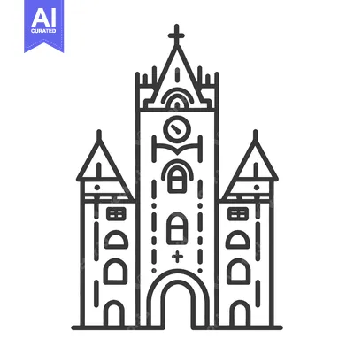 Aset premium populer: A detailed line drawing of a building structure with a steeple