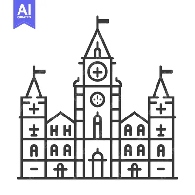 Premium design asset: Architectural illustration of a building with clock towers and flags