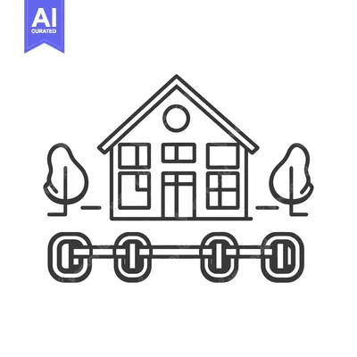 Premium design asset: A simple outline illustration of a house with trees and a line of chai