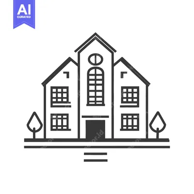 An illustrative representation of a large building and two trees