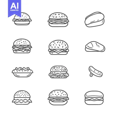 Outlined images depict various food items like burgers and buns