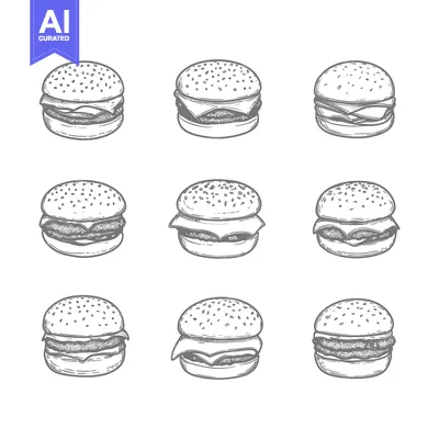 Aset desain premium: Nine different sketched illustrations of various hamburger configurati