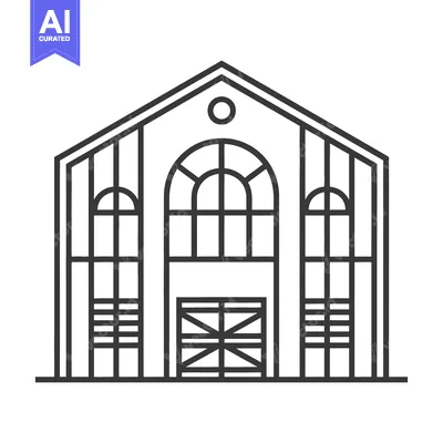 Premium design asset: A black and white minimalist illustration depicting a large building
