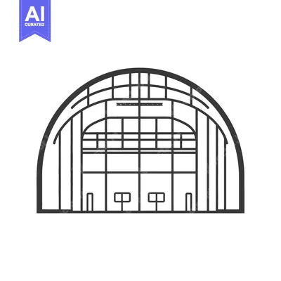 A monochrome architectural illustration of a large arched building