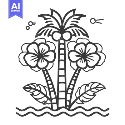 Aset desain premium: Black and white illustration depicts tropical plants on waters edge