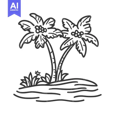 Aset desain premium: Two stylized palm trees grow on a small island landscape