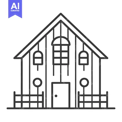 Aset desain premium: Simple black and white outlined illustration of a rustic house structu