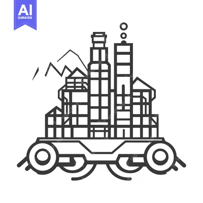 Aset desain premium: A stylized industrial city landscape illustration with mountains and t