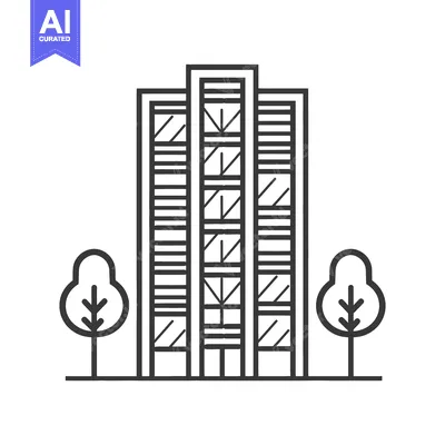 Aset premium populer: A tall modern building featuring stylized trees on either side