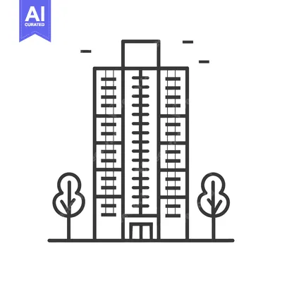 Aset desain premium: A tall high rise building stands between two stylized trees