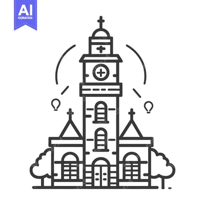 Aset desain premium: An illustration of a church building with clock and trees around it