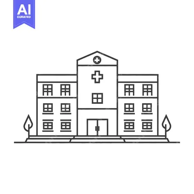 Aset desain premium: Simplified black and white illustration of a medical care facility bui