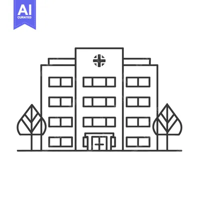 Aset premium populer: A graphic black and white illustration of a hospital building