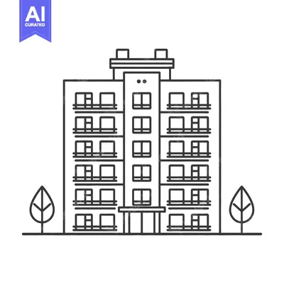 Aset premium populer: A detailed linear illustration depicting a modern apartment building c