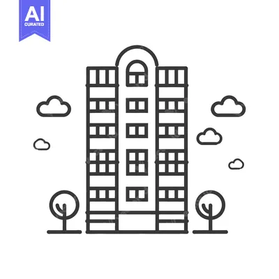 Popular premium asset: A tall building with trees and clouds in a simple illustration