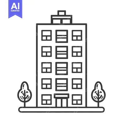 Simple linear illustration of a tall building and some trees