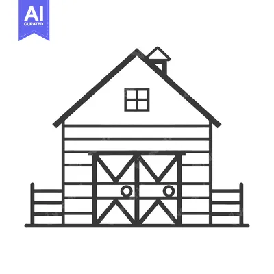 Aset desain premium: A black and white line drawing of a farm building