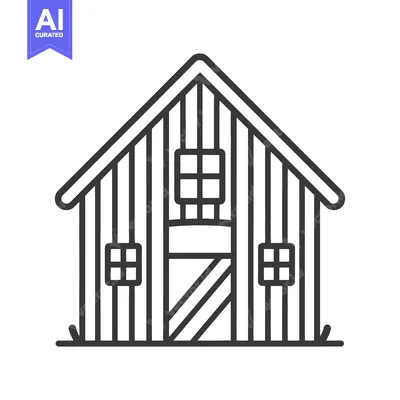 A simple black and white illustration of a wooden shed