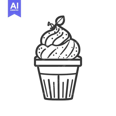 Aset desain premium: Simple line drawing of a decorated cupcake with a garnish