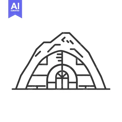 Aset premium populer: A stylized mountain cabin illustration with arched windows and a door
