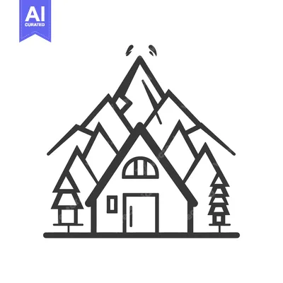 Aset desain premium: A simple illustration of a cabin nestled within majestic mountain peak