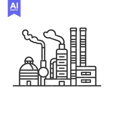 Aset premium populer: A stylized black and white illustration of an industrial facility