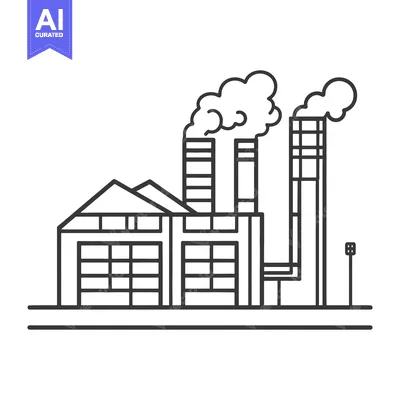 Aset desain premium: A black and white minimalist illustration of an industrial factory