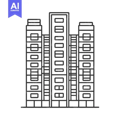 Aset premium populer: A simple black and white illustration depicts a cityscape with tall bu