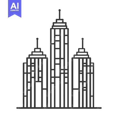 Stylized black line drawing of three tall city buildings