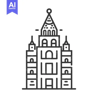 Aset premium populer: A detailed black and white line art drawing of a building