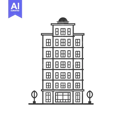 Aset desain premium: A tall apartment building is depicted with numerous rectangular window