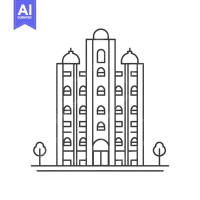 Popular premium asset: A tall linear illustrated building with trees on either side