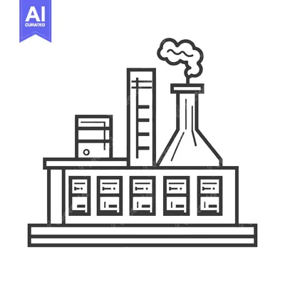 Aset desain premium: A monochrome illustration depicting a factory with smoke emissions