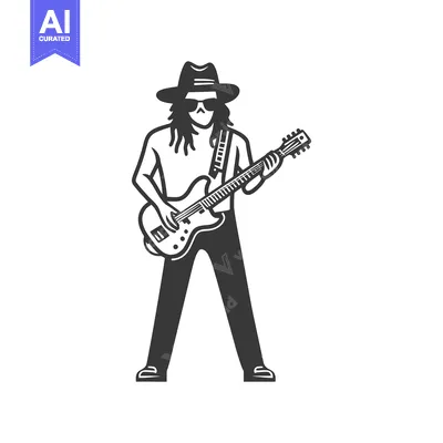 A man in a hat playing a guitar with long hair and sunglasses