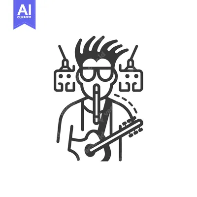 Aset desain premium: Line Art Illustration of a Musician with a Guitar and Sunglasses