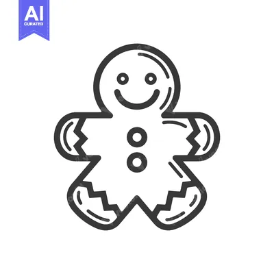 Aset desain premium: A smiling outline illustration depicts a gingerbread person cookie