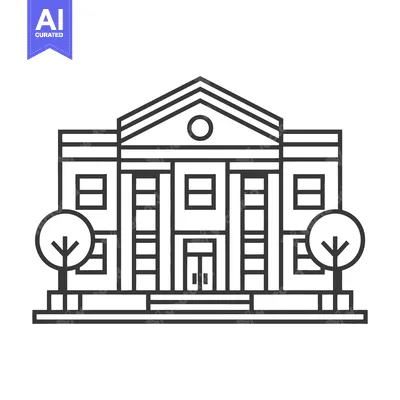 A black and white linear illustration of a building and trees