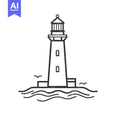 Aset premium populer: A tall lighthouse standing on water with simple bird illustrations