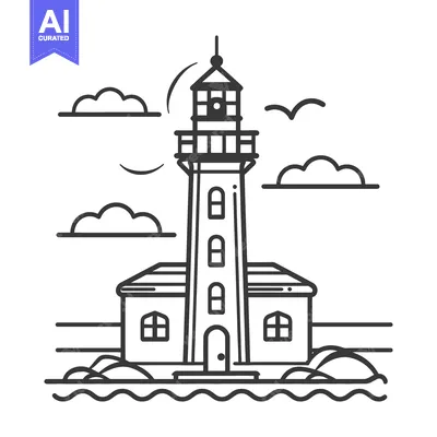 Aset desain premium: A black and white vector drawing of a coastal lighthouse scene