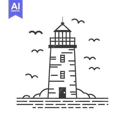 Aset desain premium: A tall lighthouse with birds near the coastal ocean water