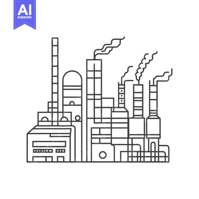Aset desain premium: A detailed illustration depicting an industrial factory with smoke emi