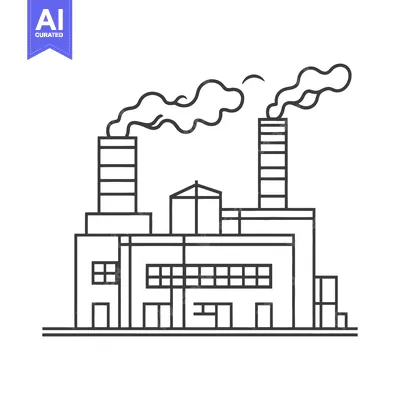 Popular premium asset: A black and white line drawing of a factory producing smoke