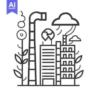 Aset desain premium: An illustration displaying industrial buildings and their environmenta