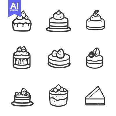 Aset desain premium: Simple black line illustrations showcasing several different cake desi